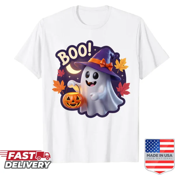 Cute Halloween shirt with ghost, pumpkin, and witch hat graphic