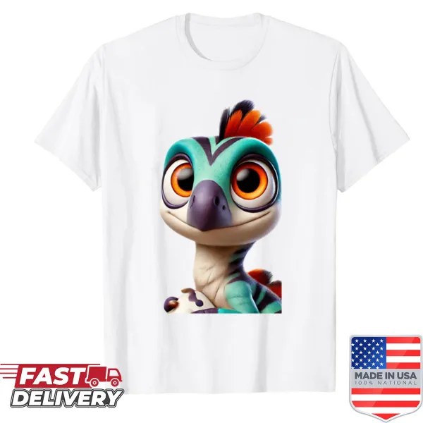 Cartoon Oviraptor dinosaur on a cute graphic tee