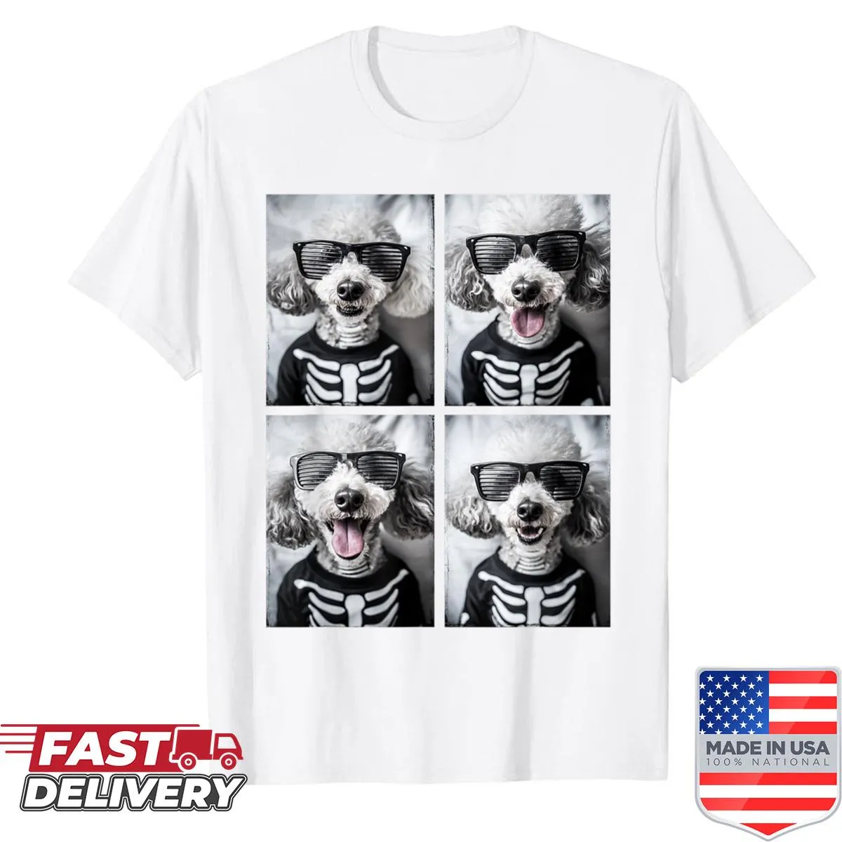 Cute cartoon poodles in Halloween costumes on a shirt
