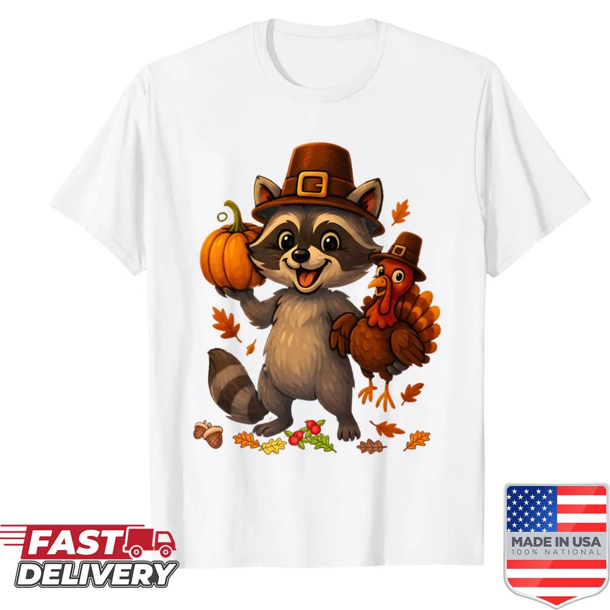 Cartoon Thanksgiving shirt with a raccoon pilgrim and pumpkins.
