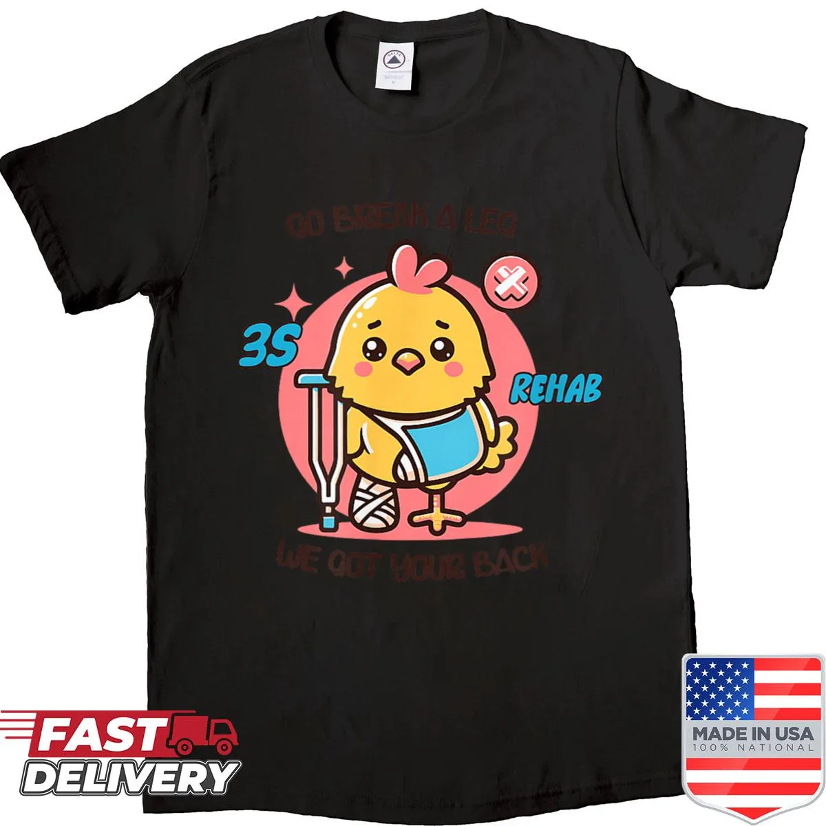 Adorable chicken illustration on a rehab-themed shirt.
