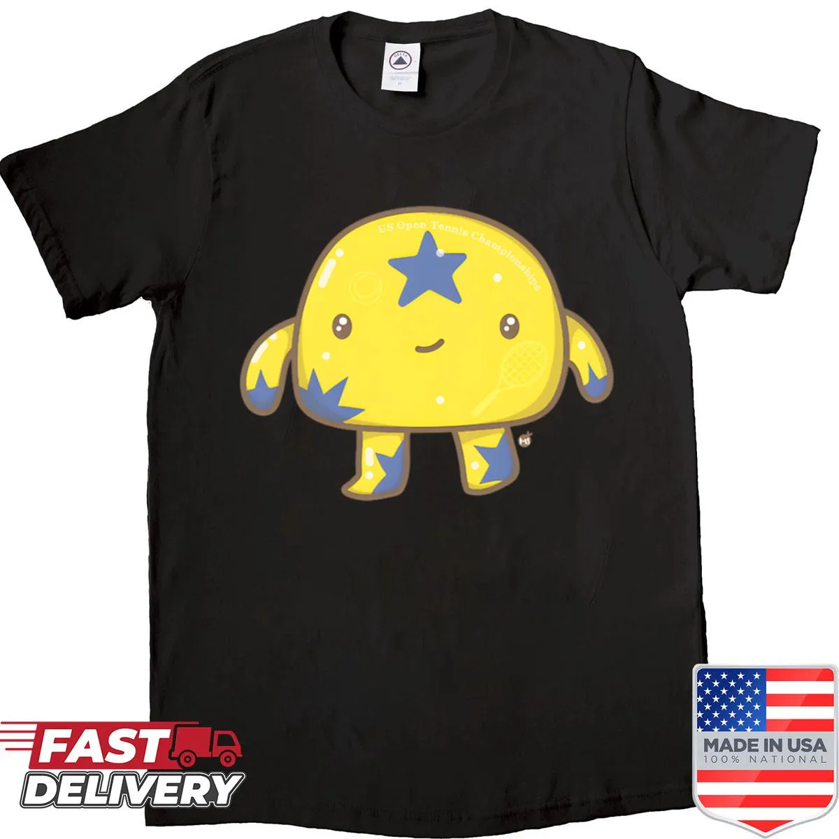 Cartoon mascot t-shirt celebrating tennis with a cute design.