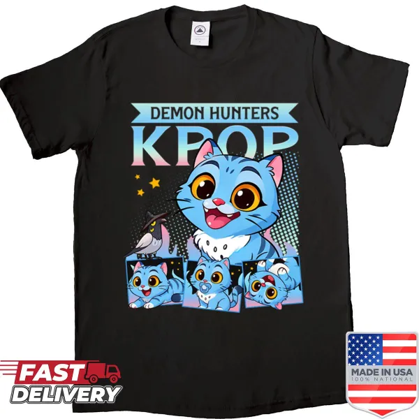 Playful T-shirt featuring a cat and crow in a K-pop theme