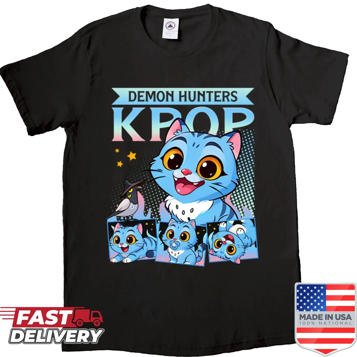 Playful T-shirt featuring a cat and crow in a K-pop theme