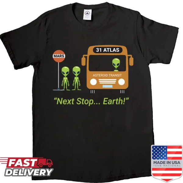 T-shirt with a cartoon bus full of aliens and route number 31