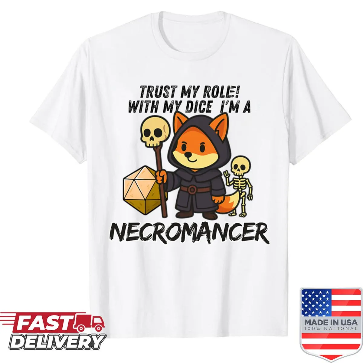 Illustration of a Dicefox Necromancer character with text on a shirt
