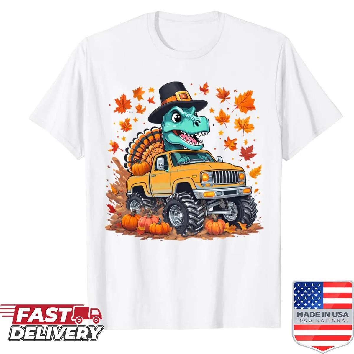 Dinosaur riding a monster truck graphic for Thanksgiving