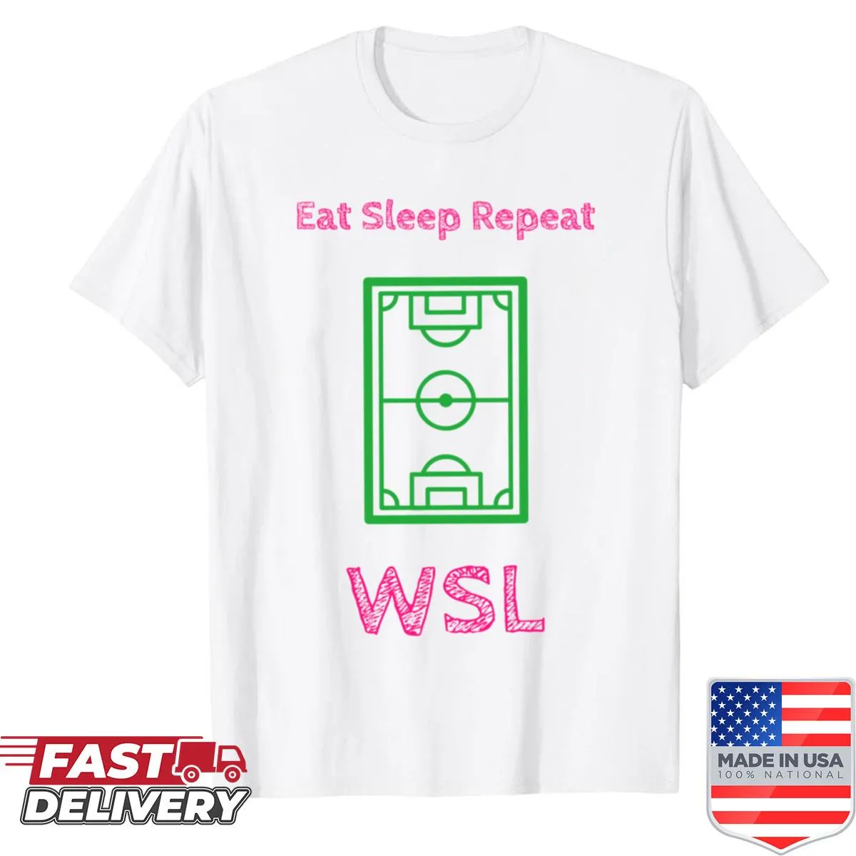 Women's soccer fan tee with 'Eat Sleep Repeat' and WSL text