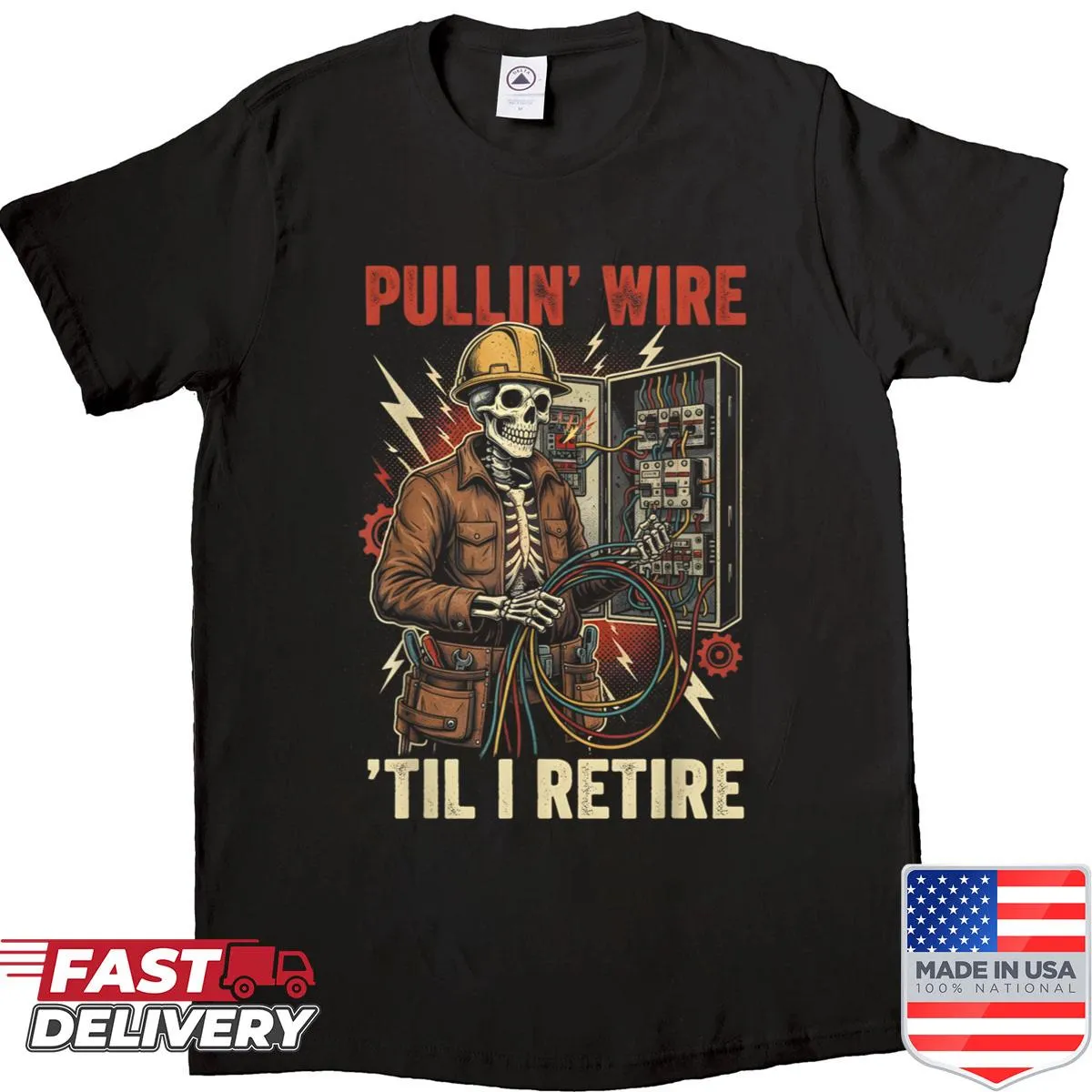 Vintage electrician shirt with skull graphic and wire theme
