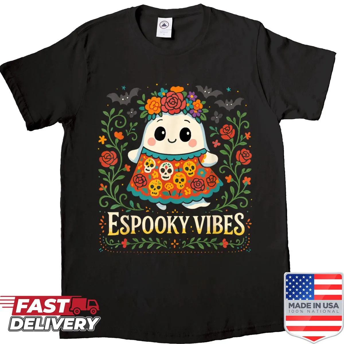 Playful Halloween-themed shirt for Spanish teachers with 'Espooky Vibes' text.