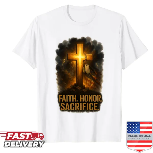 Typography shirt featuring 'Faith Honor Sacrifice' inspirational design