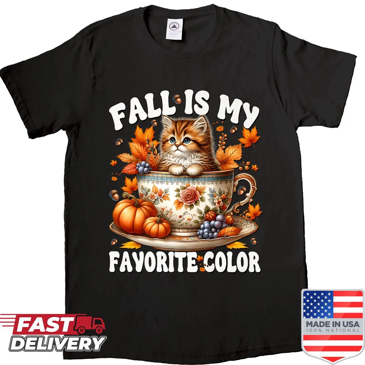 Cute autumn-themed kitten shirt for cat grandmas