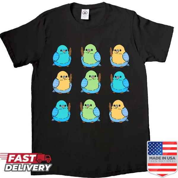 Illustrative t-shirt featuring cute fat budgies.