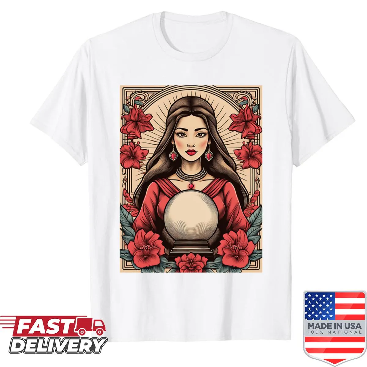 Illustration of a fortune teller with a crystal ball on a t-shirt