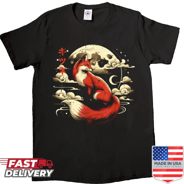 Illustrative shirt featuring fox, moon, and clouds in Ukiyo-e art style