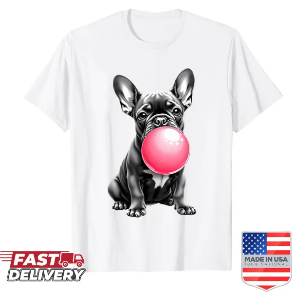 Illustration of a French Bulldog blowing bubble gum on a shirt
