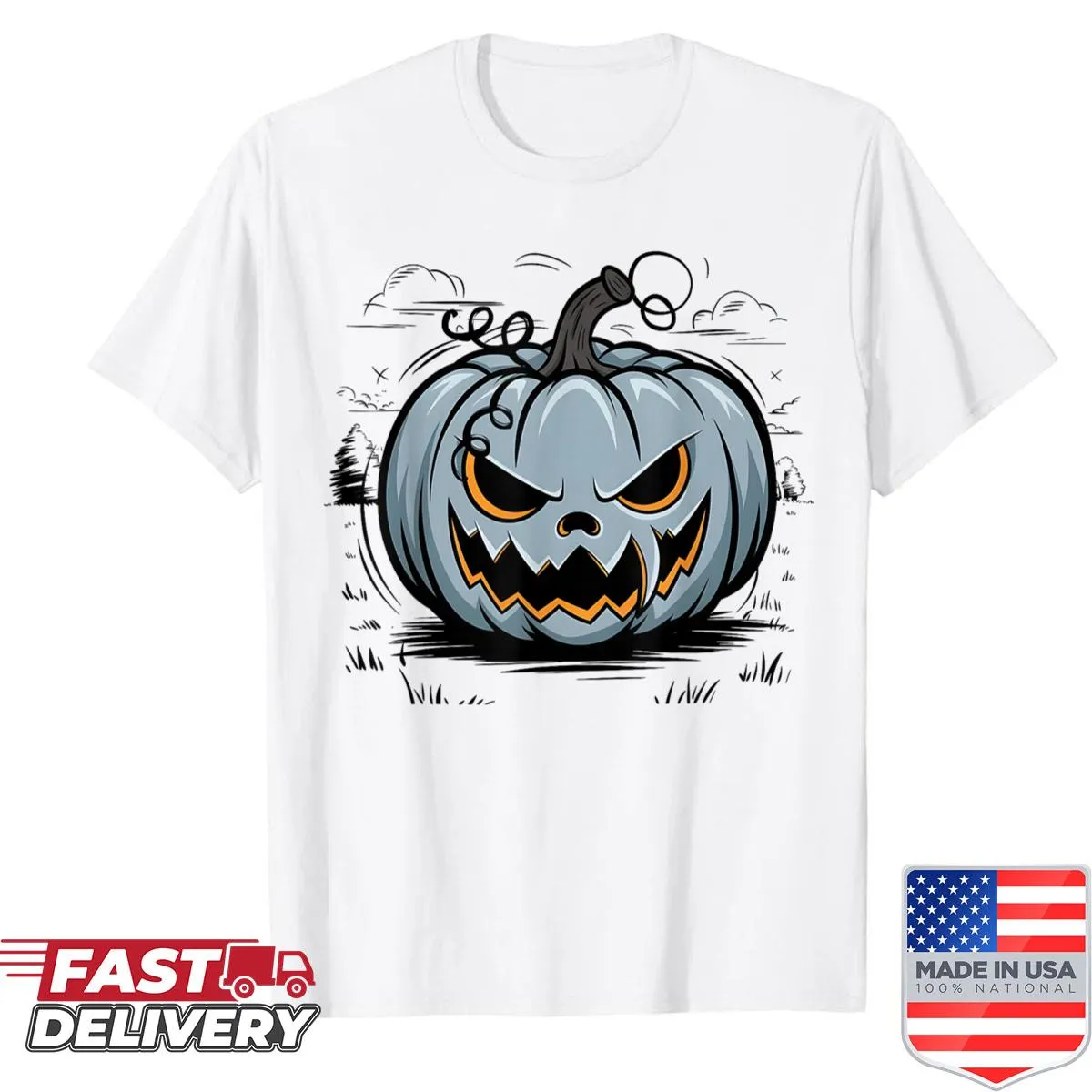 Cartoon pumpkin design on a funny Halloween shirt