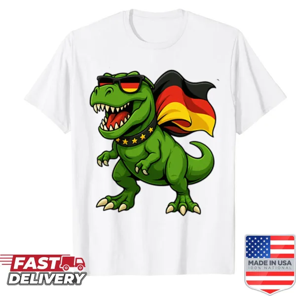 Kids' shirt featuring a funny T-Rex with the Germany flag.