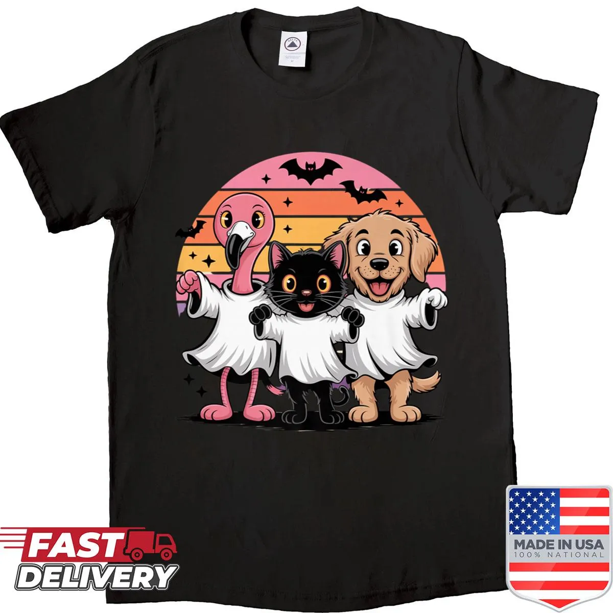 Retro Halloween shirt featuring a ghost cat and dog with sunset