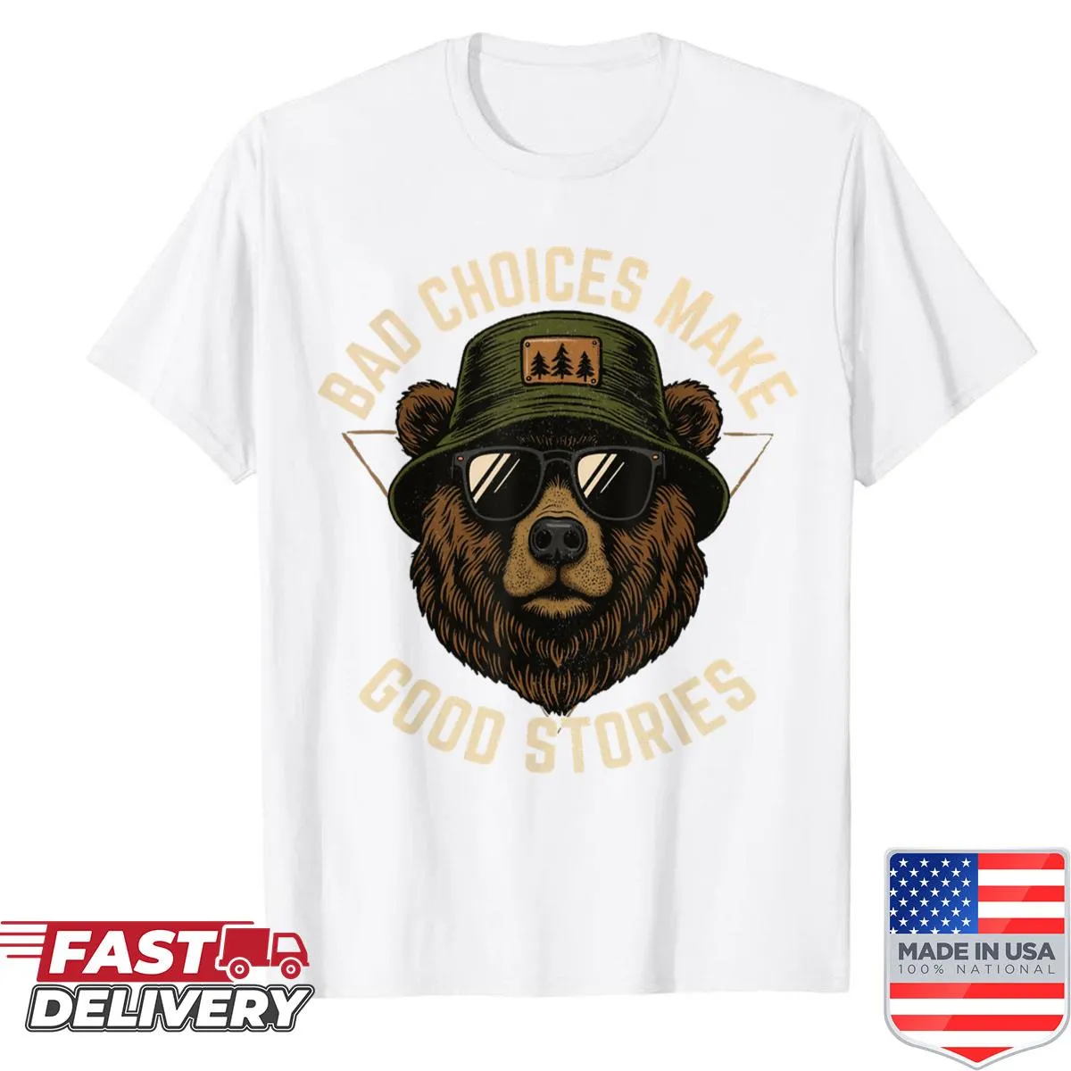 Vintage bear graphic with text about bad choices and good stories