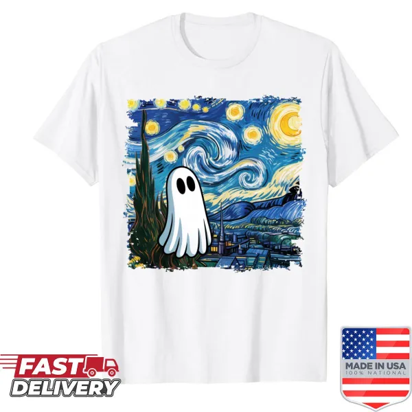 Cartoon ghost under a sheet with a starry night background on a shirt