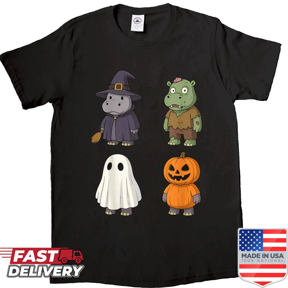 Cartoon hippo ghost Halloween shirt with whimsical design