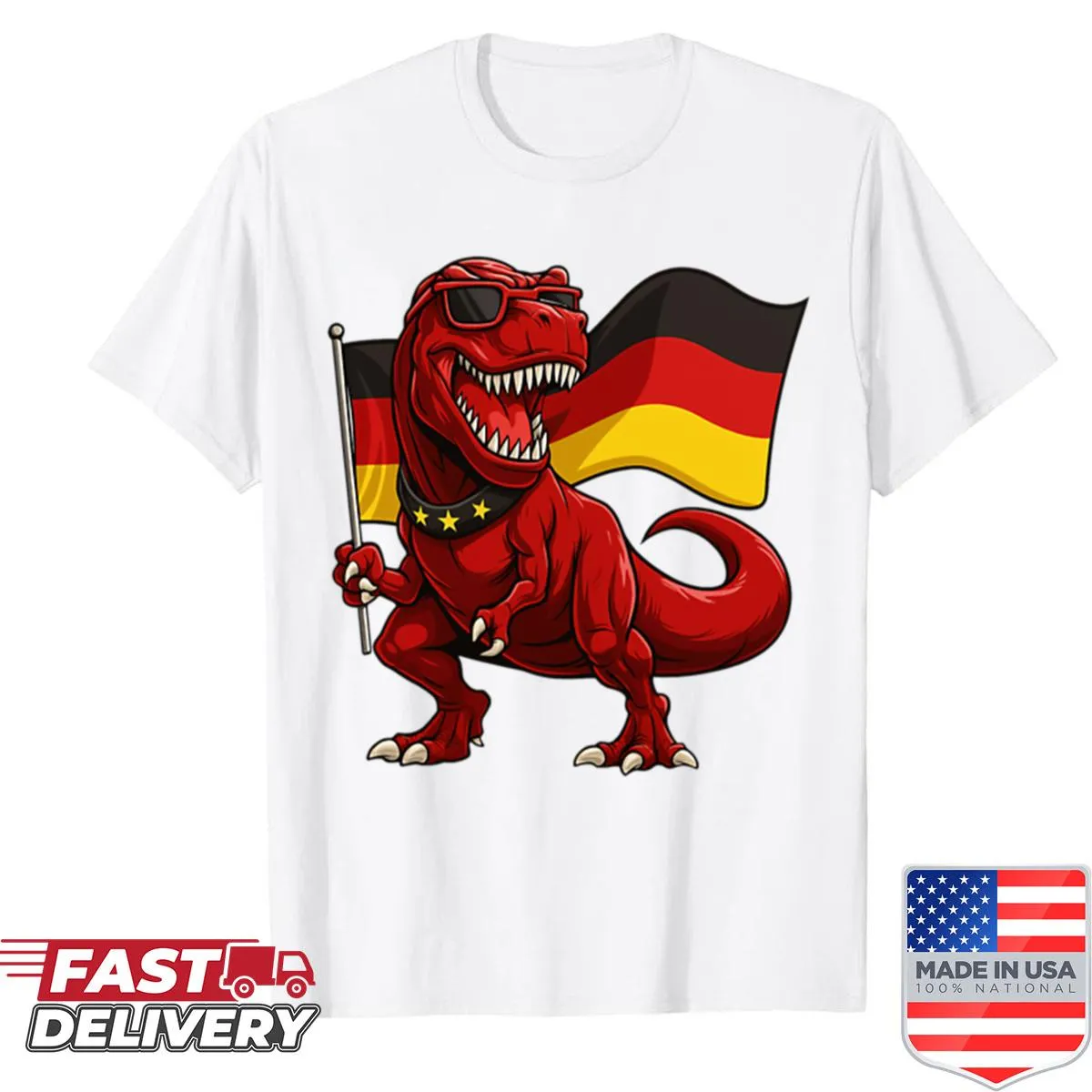 Cartoon T-Rex shirt featuring Germany flag design for kids