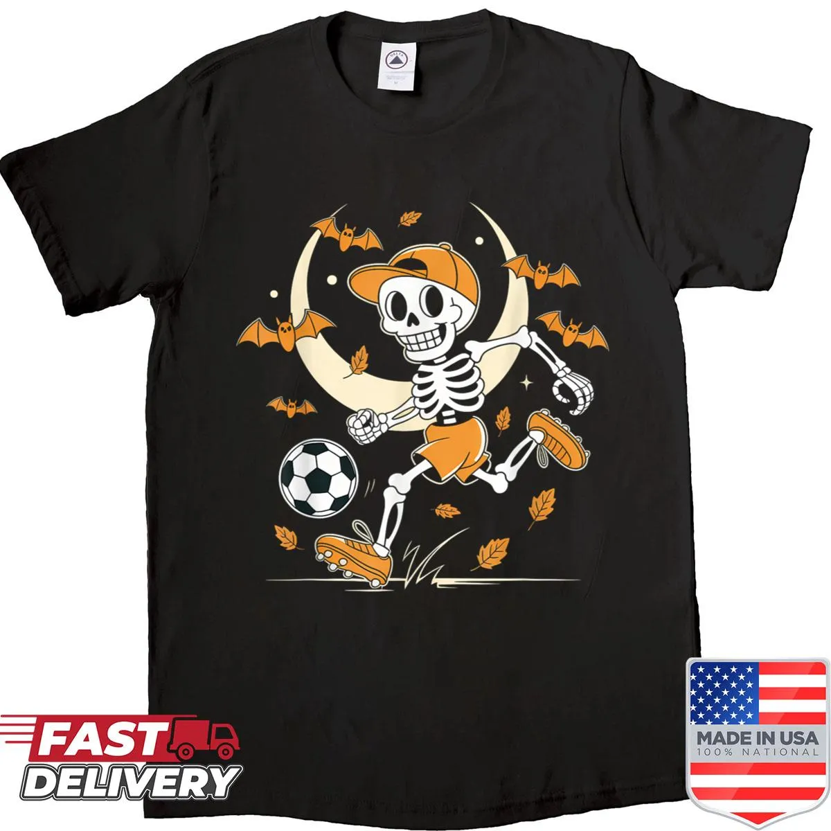 Cartoon skeleton soccer player Halloween shirt for kids