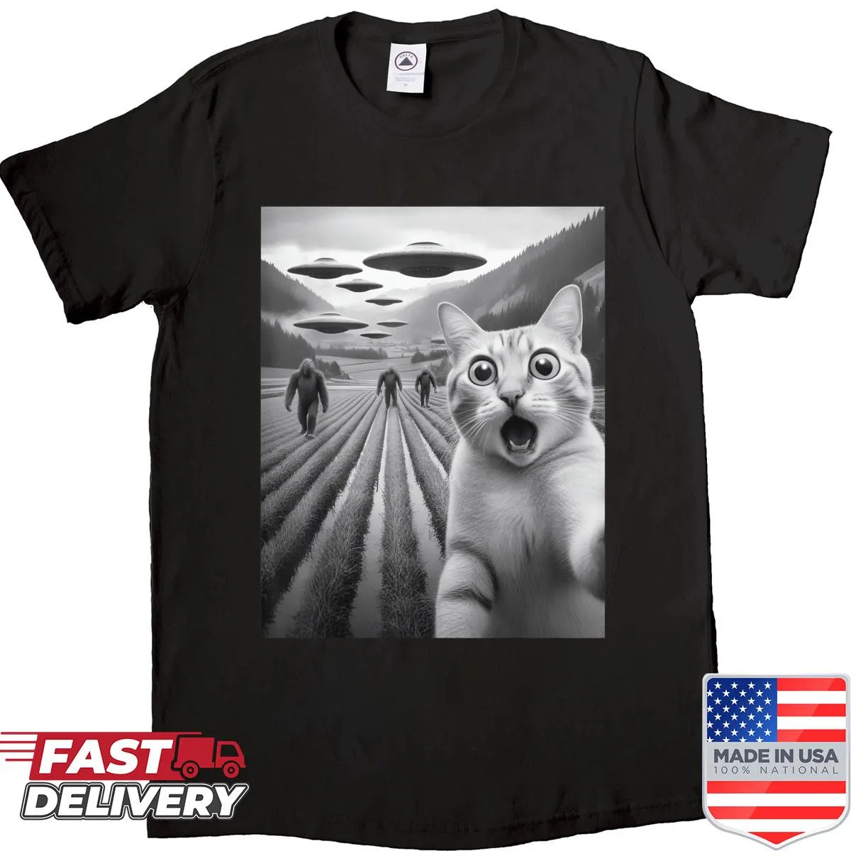 Funny shirt featuring a surprised cat with Bigfoot and a UFO.