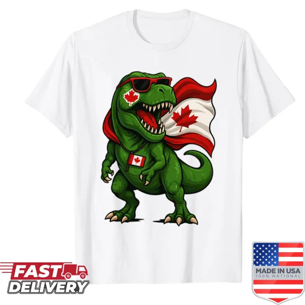 Funny kids shirt with a T-Rex and Canada flag illustration.