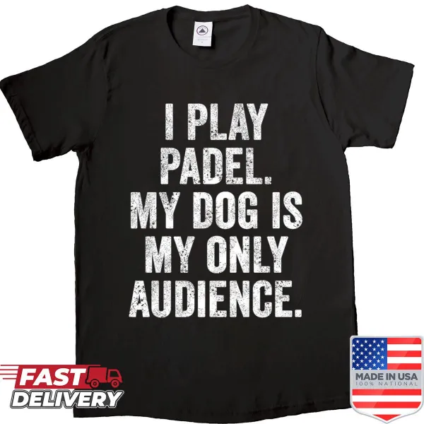 Humorous padel shirt featuring dog as audience illustration