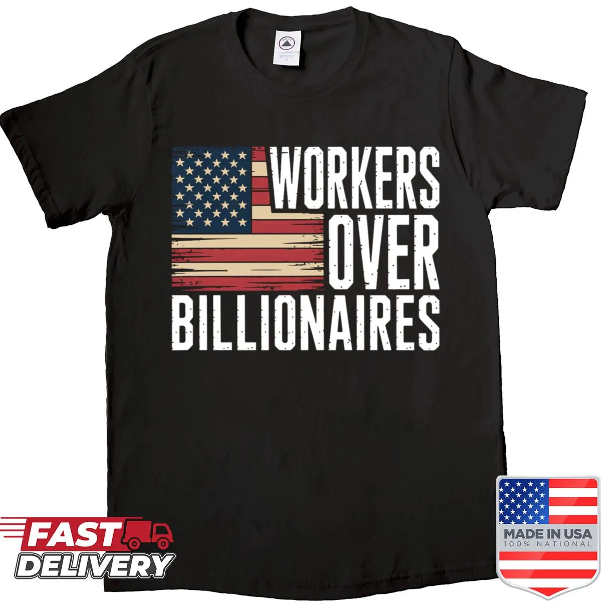 Illustrative shirt depicting workers versus billionaires with protest theme
