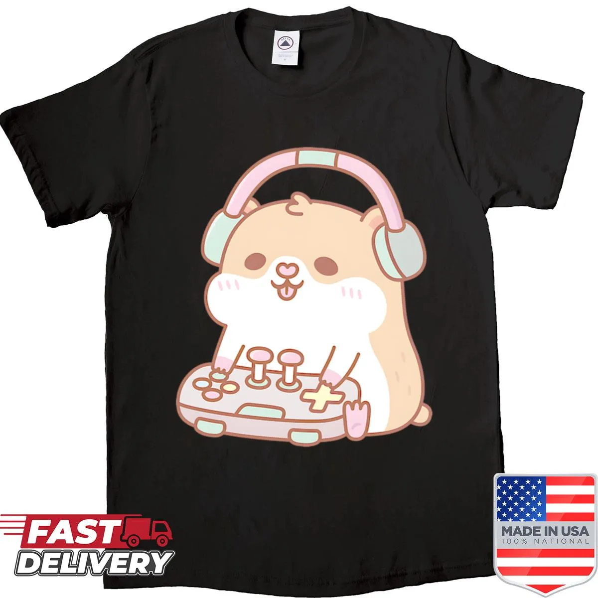 Cartoon hamster in headphones playing a retro video game on T-shirt