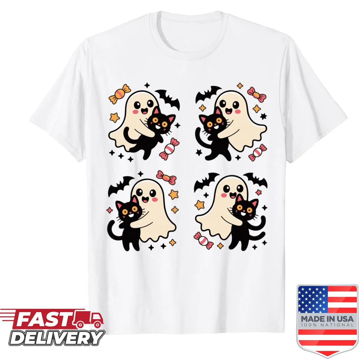 Funny Halloween shirt with a ghost holding a black cat