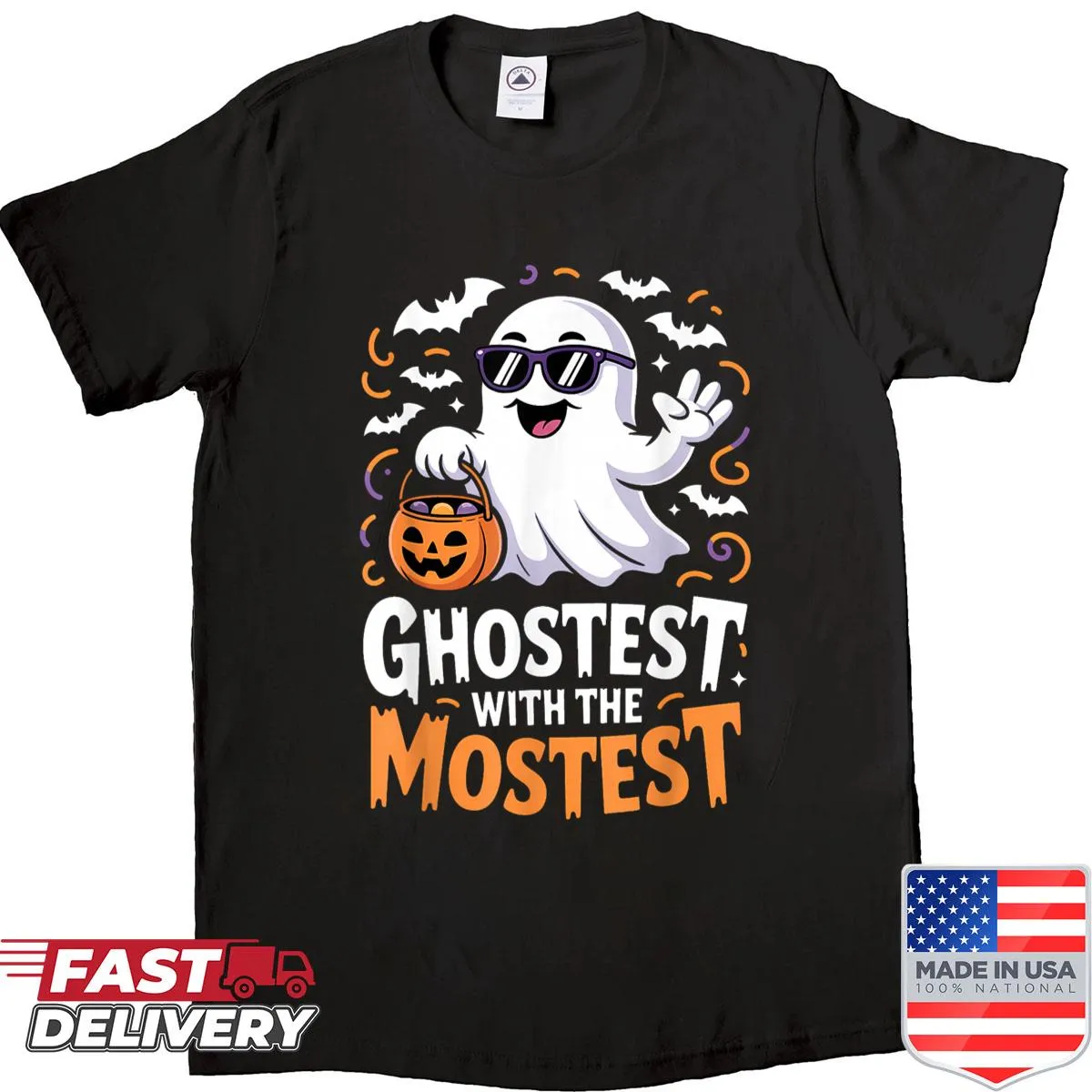 Funny Halloween shirt with the phrase 'Ghostest With The Mostest' and ghost graphic.