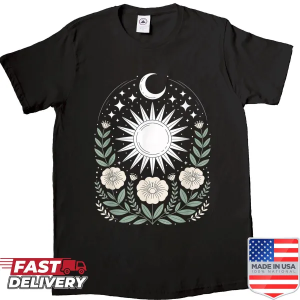 Mystical shirt with sun, moon, and flowers in goblincore style