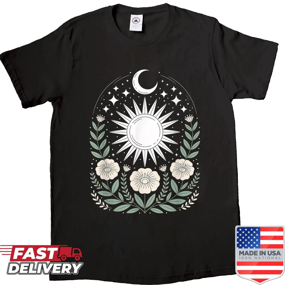 Mystical shirt with sun, moon, and flowers in goblincore style