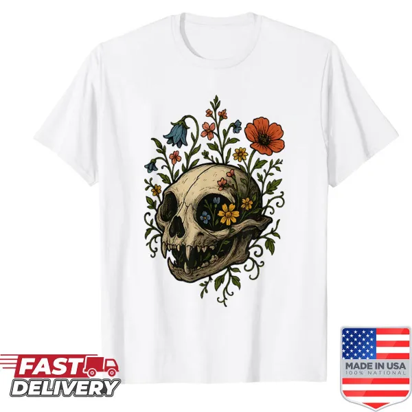 Gothic shirt featuring a cat skull entwined with flowers and witchy elements.