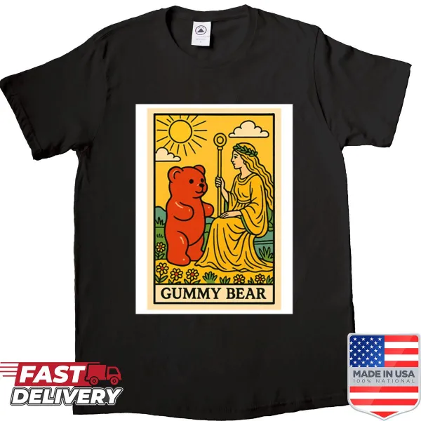 Funny birthday T-shirt with gummy bears, tarot cards, and pizza design