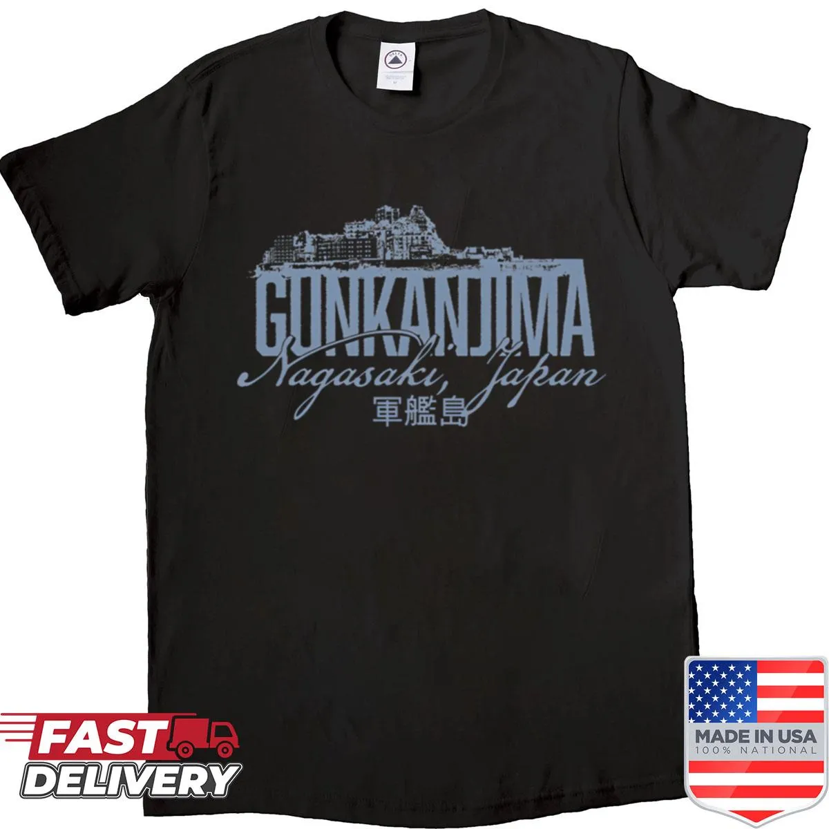 Grunge shirt featuring Gunkanjima island cityscape
