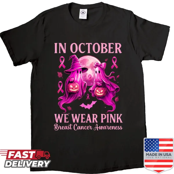 Halloween-themed shirt with pink ribbons for breast cancer awareness