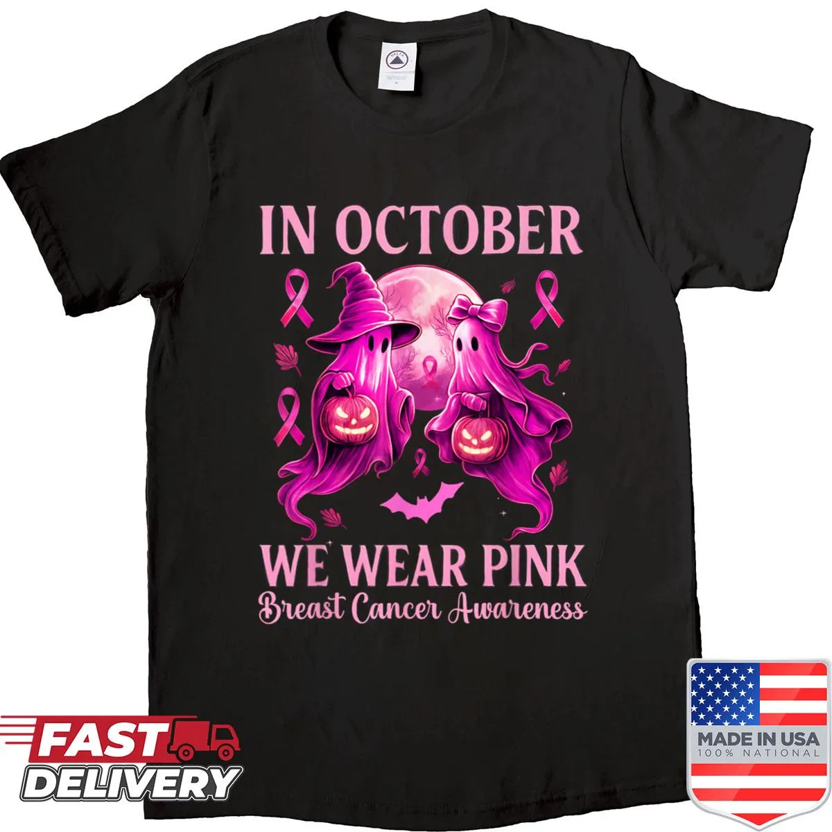 Halloween-themed shirt with pink ribbons for breast cancer awareness