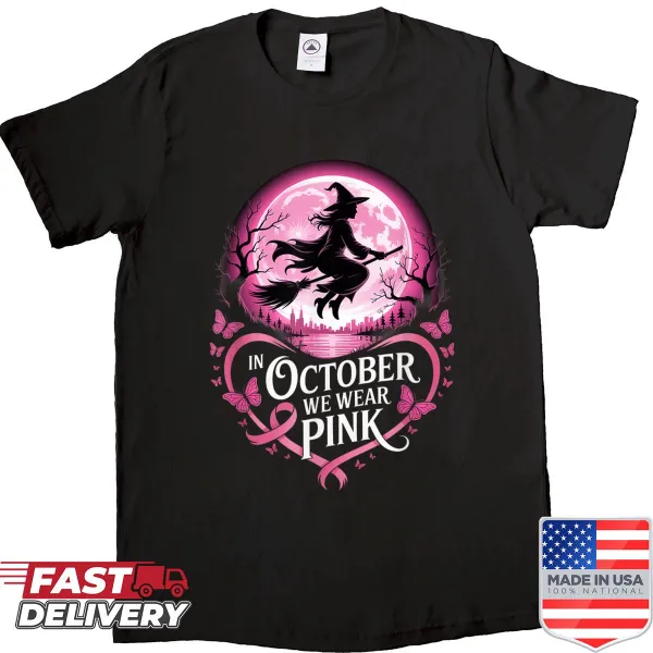 Halloween-themed shirt featuring a whimsical witch design for breast cancer awareness