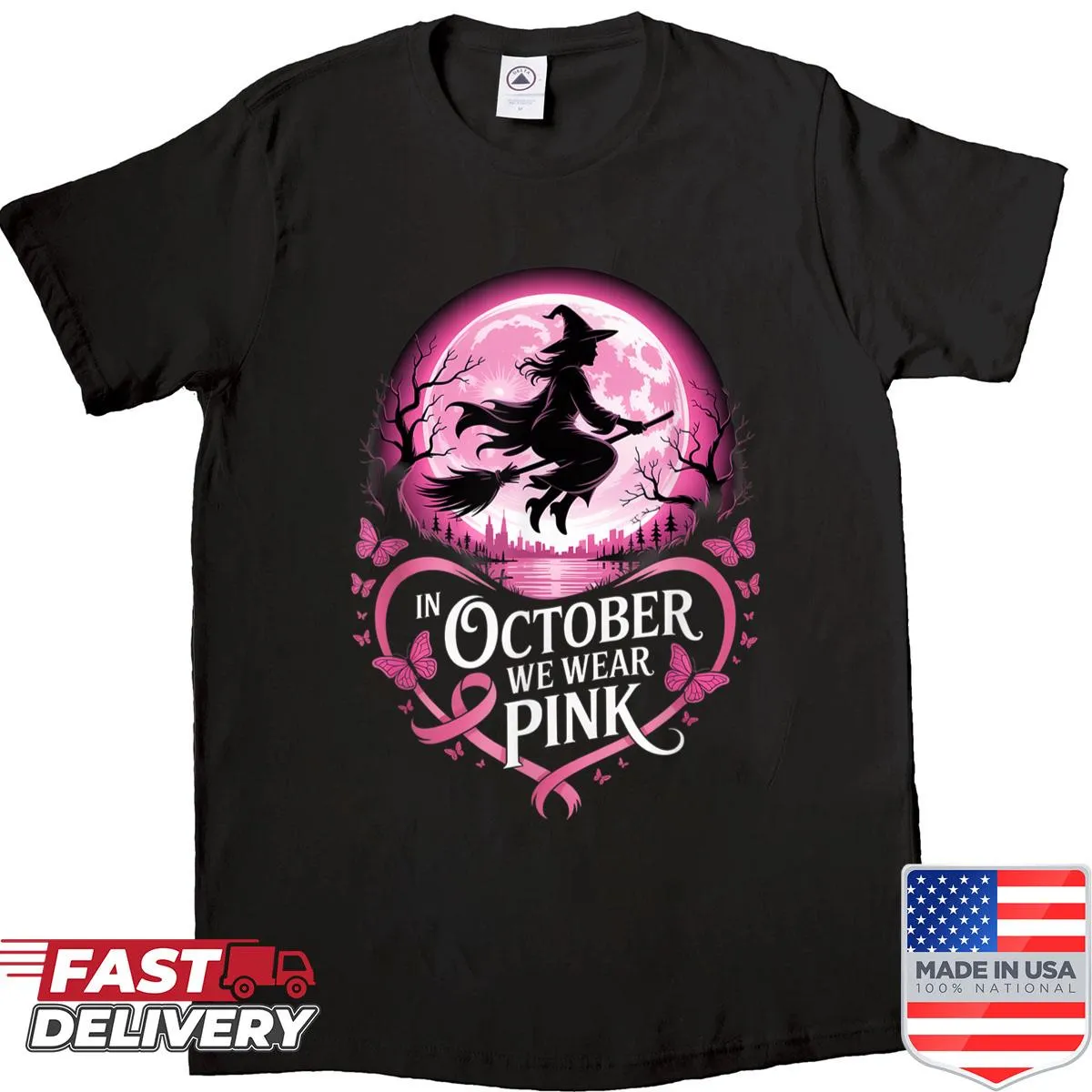 Halloween-themed shirt featuring a whimsical witch design for breast cancer awareness