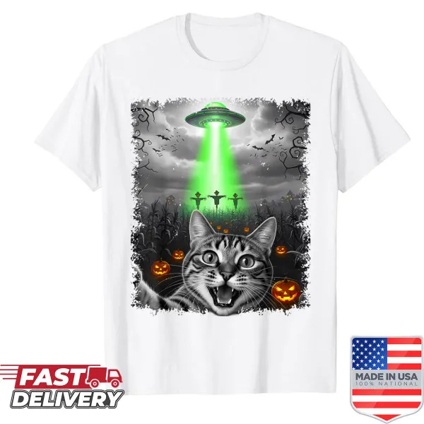 Funny cat shirt with a selfie of a cat, alien, and ghost