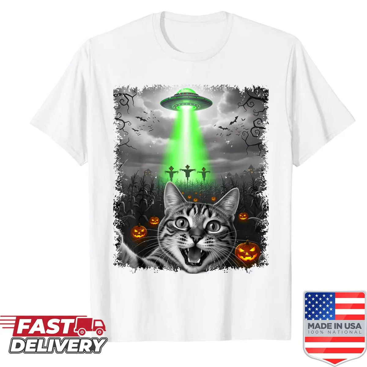 Funny cat shirt with a selfie of a cat, alien, and ghost