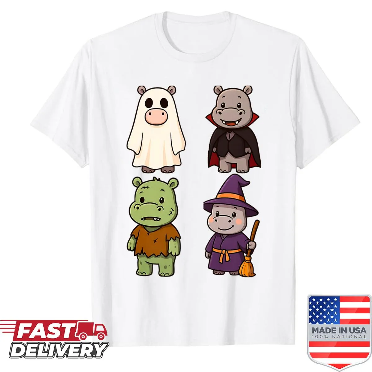 Cute Halloween shirt with hippo witch and cartoon creatures