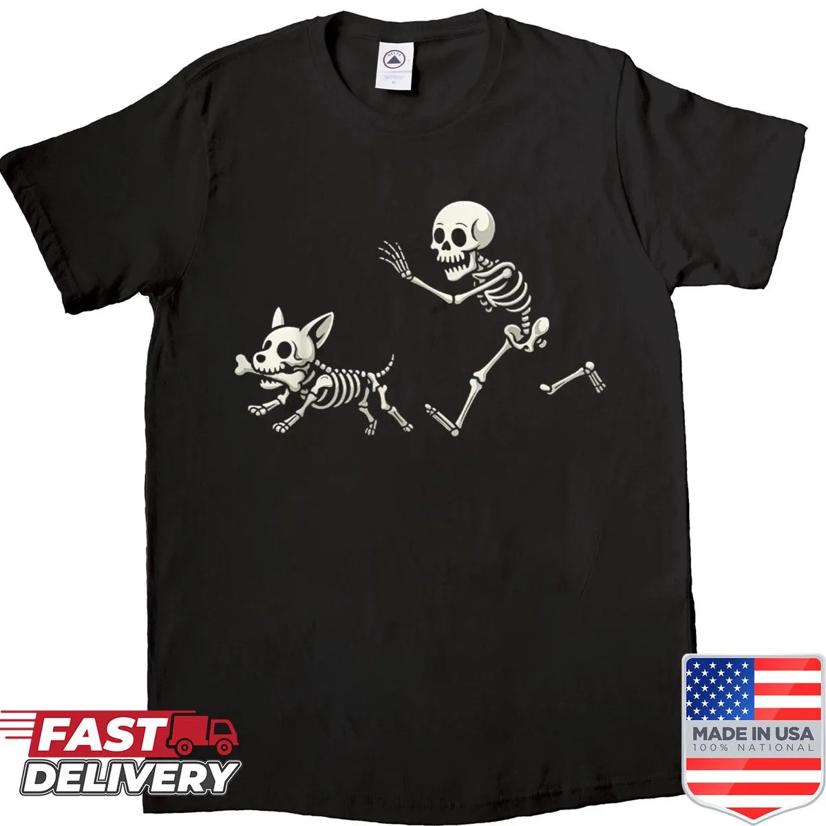 Humorous skeleton chasing dog design for Halloween lovers