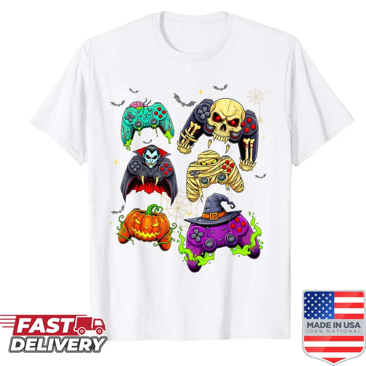Halloween gaming shirt featuring skeletons, zombies, witches, and more