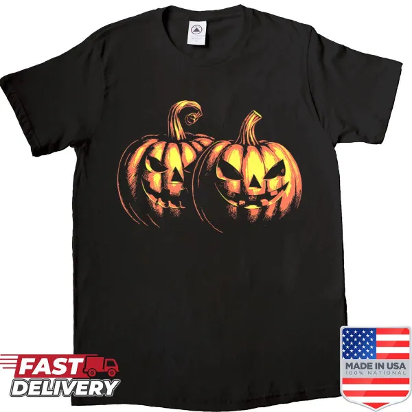 Halloween-themed shirt featuring cheerful pumpkin illustrations